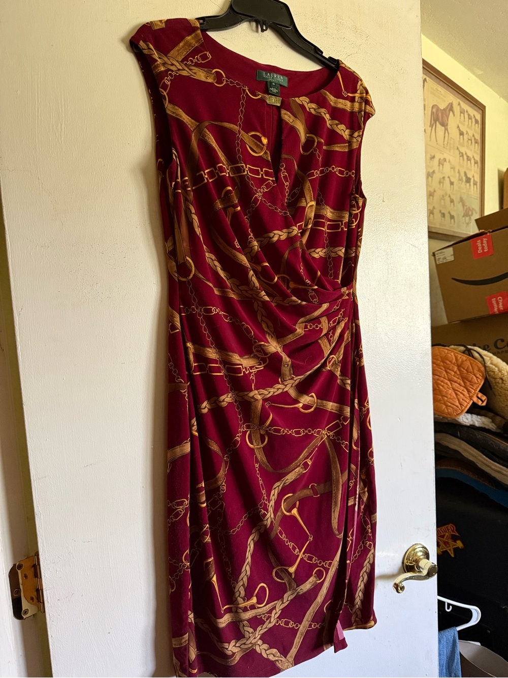 Ralph Lauren Burgundy/Red Sleeveless Dress with Gold Chain Print Equestrian